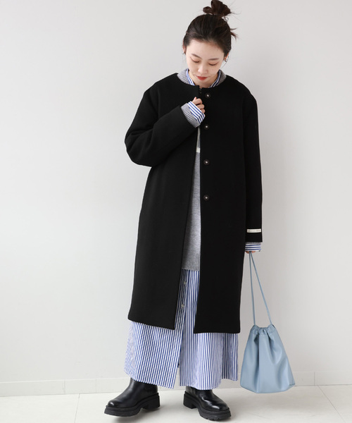 セール】□別注LANA WOOL 140 クルーネックコート（ノーカラーコート