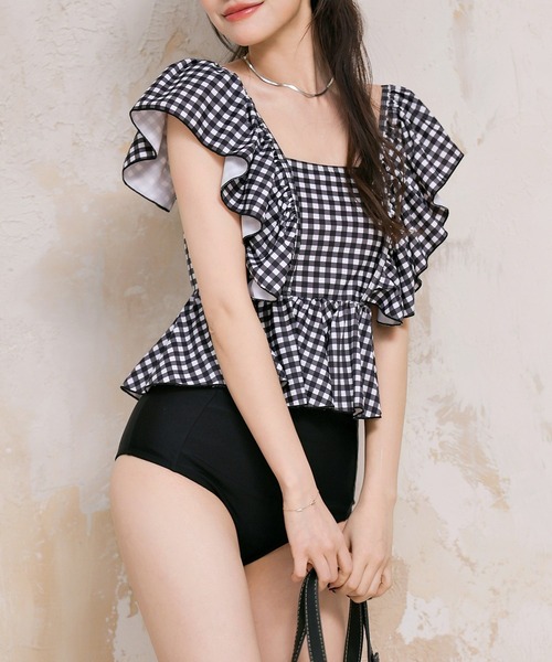 レディース水着 ギンガムチェックペプラムフリルハイウエストタンキニ