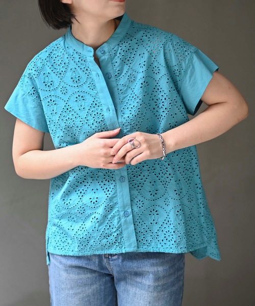 セール】インド綿刺繍使いカットワーク半袖ブラウス（インド綿.インド