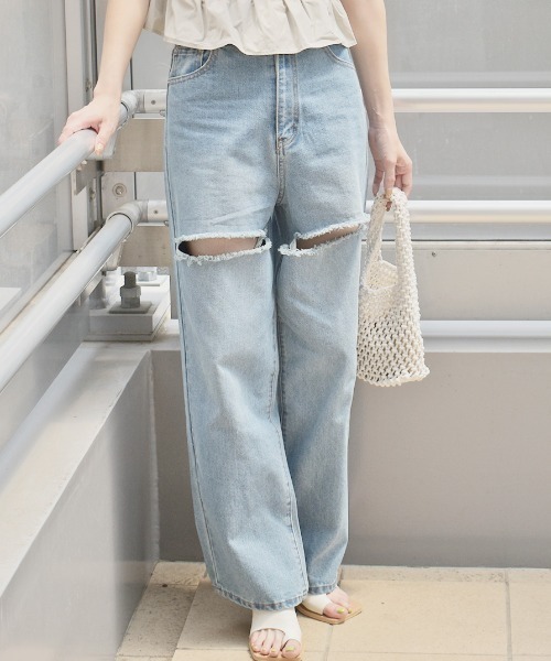 セール】カットダメージデニム／knee cut damege denim ロング丈