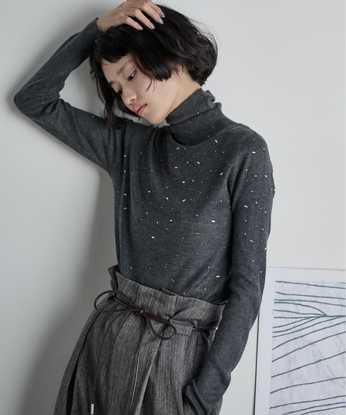 カラフルビジューウールブレンドハイネックリブニットトップス（ニット