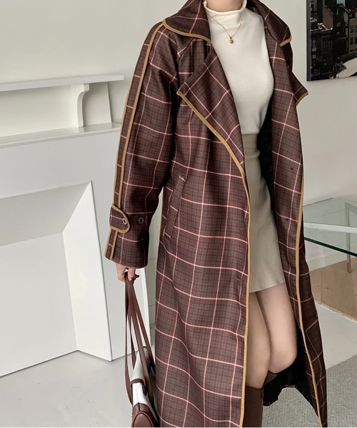 emi+（エミプラス）の「チェック柄配色パイピング トレンチコート