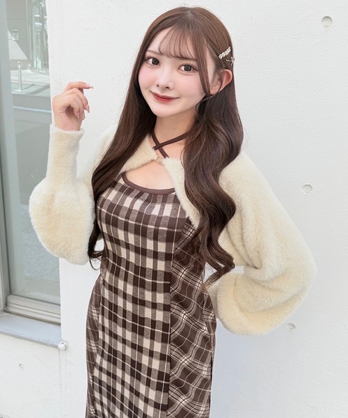 セール】シャギーボレロロングチェックワンピース（ワンピース