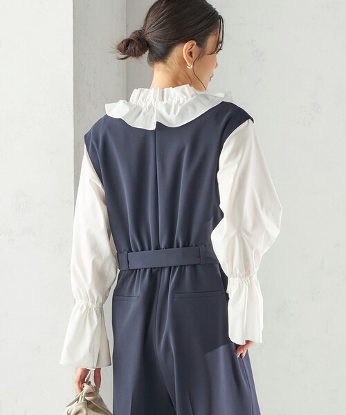 手洗い可能〉ダブル クロス Vネック ベルト付 オールインワン