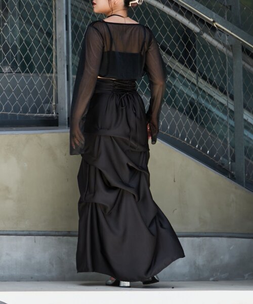 Mavie..7】後ろレースアップサテンタックスカート（スカート）｜Mavie