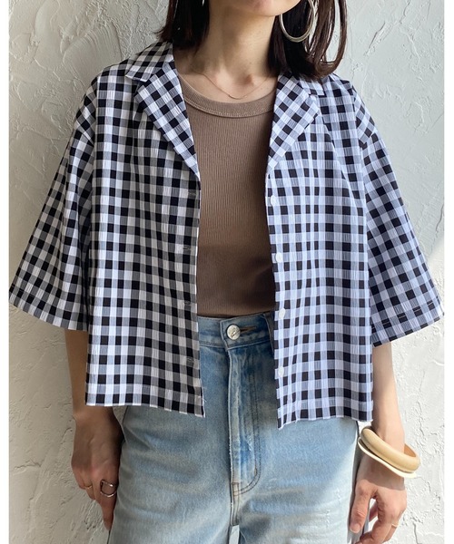 セール】ギンガムチェック柄ショート丈半袖開襟シャツジャケット