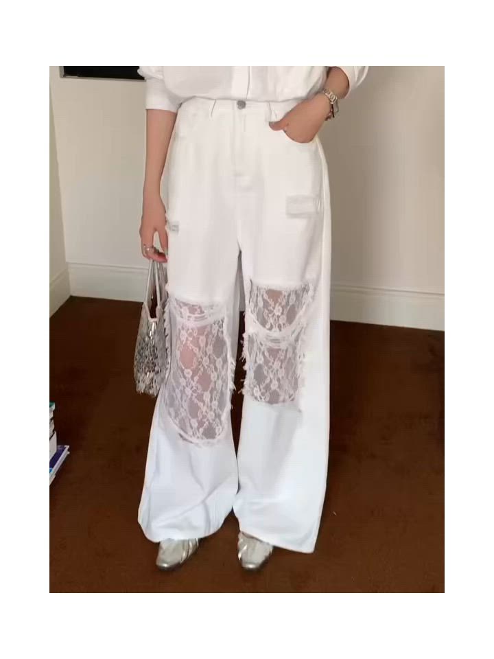 セール】新色追加/レースダメージデニムパンツ（デニムパンツ