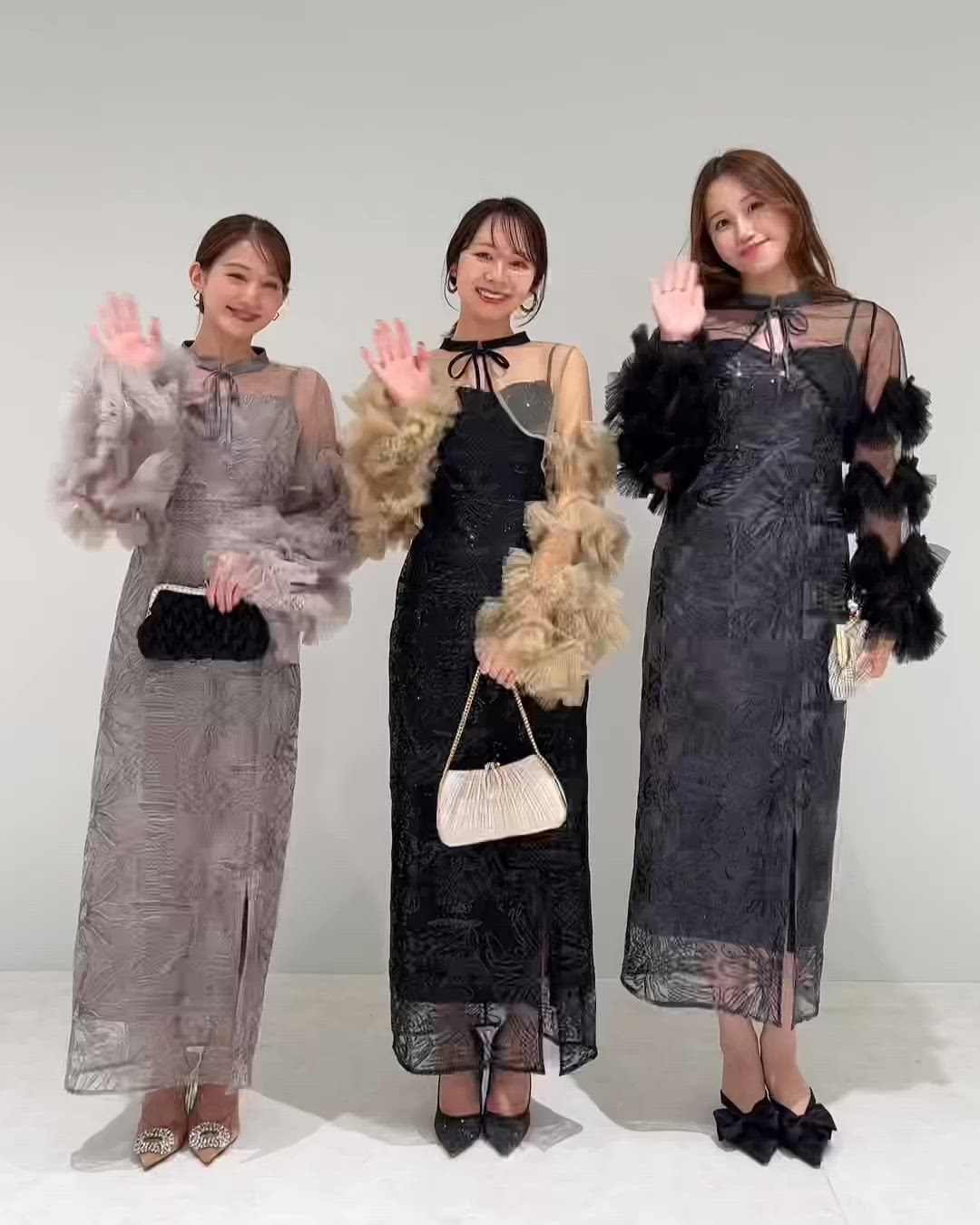 LEJA】フリルチュールスリーブリボンIラインワンピースドレス2点セット