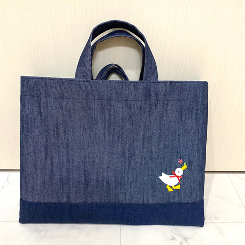 受注制作】岡山デニムバッグ お風呂 くま お受験かばん レッスンバッグ