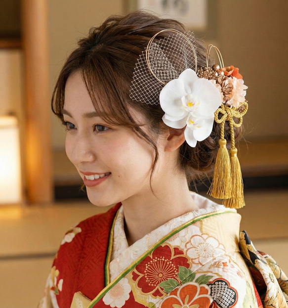 胡蝶蘭ジュリアオレンジ髪飾り 振袖 成人式 袴 白無垢 色打掛 ヘッド