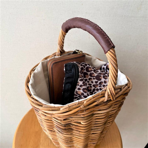 ラビットファーかぶせ付きアラログバケツカゴバッグ（Sサイズ/こげ茶