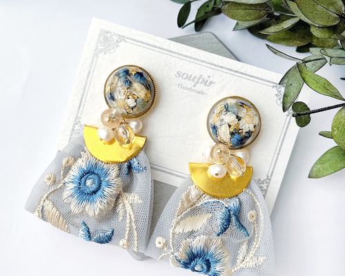 大ぶりチュールインド刺繍リボンタッセルピアス・イヤリング ピアス