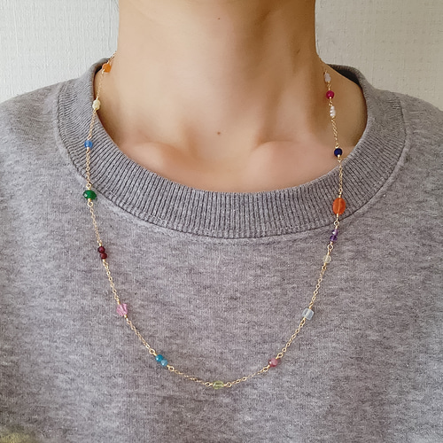 14kgf マルチカラー天然石のロングネックレス ネックレス・ペンダント