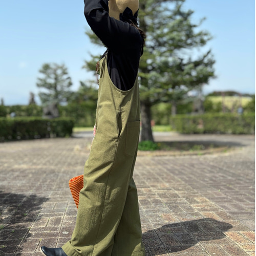 再販5 大人の細見え♪リラックスサロペット(オリーブカーキ）＊受注