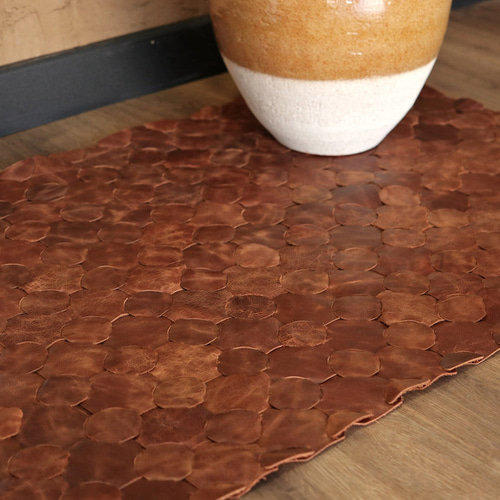 本革 牛革 ニットレザーラグ 60x90cm (革片を組み合わせたなめらかな