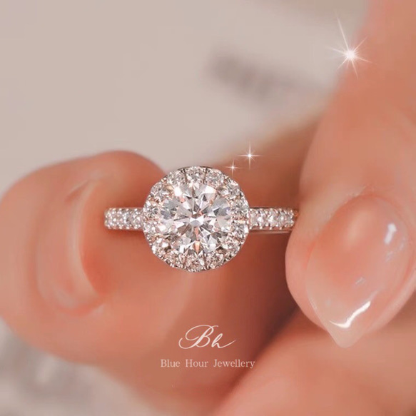 モアッサナイト ラウンド ヘイローリング 0.5ct/1ct/2ct キラキラ