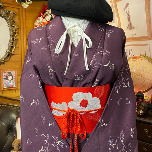 着物 ワンピース リメイク 和洋折衷 深みのある紫色に散りばめられた