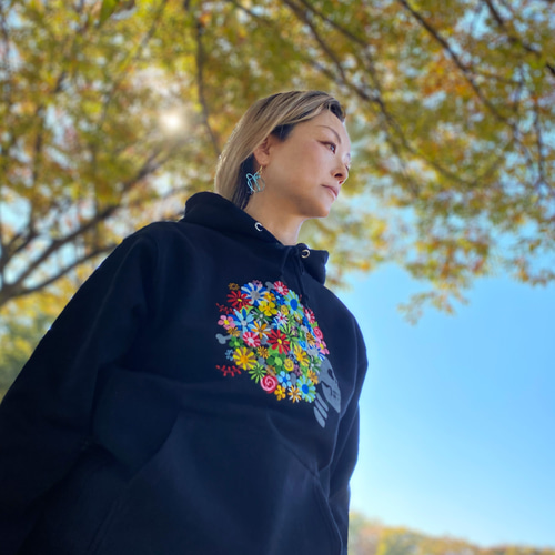 刺繍☆パーカー【プルオーバー】／花とアフロ 12oz パーカー 440design