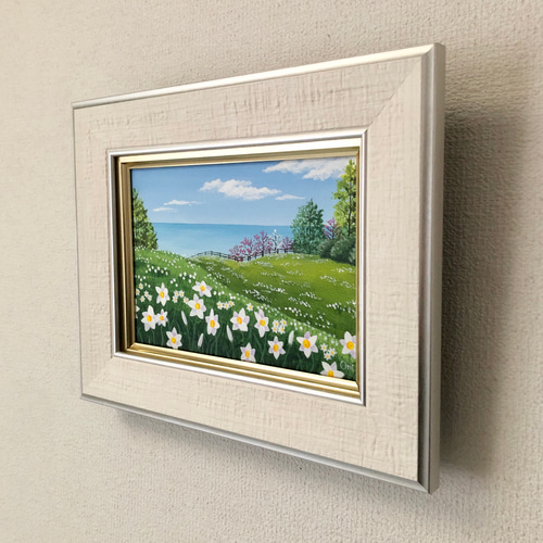 スイセンの咲く丘02」アクリル画 原画 額縁付 キャンバス SMサイズ