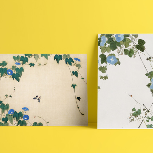 青色朝顔の花とてんとう虫日本画アートポスター☆夏インテリア和室和