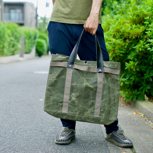 大容量オリーブグリーンの帆布×栃木レザー本革のビッグトート