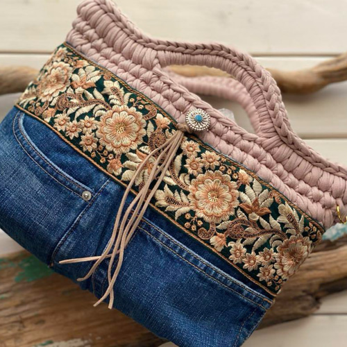 デニム リメイク 編み持ち手 バッグ インド刺繍リボン トートバッグ