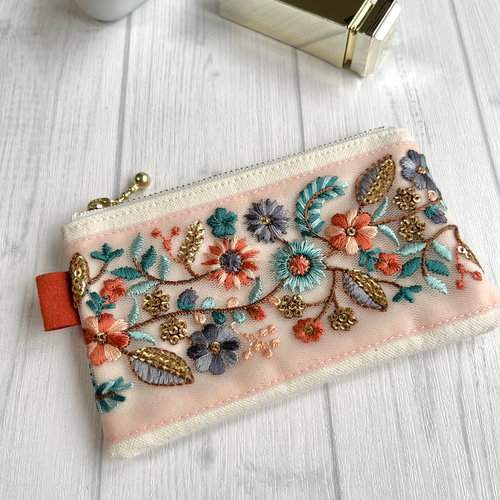 インド刺繍リボンのミニポーチ/生成×ピンクチュール ポーチ yoshy 通販