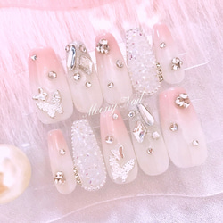 No.108 オーダー♡ ビジュー ピンク ハート リボン ネイル チップ 量産