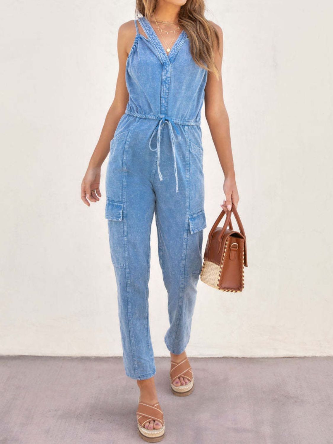V-Neck Sleeveless Denim Jumpsuit – Charming Charlie