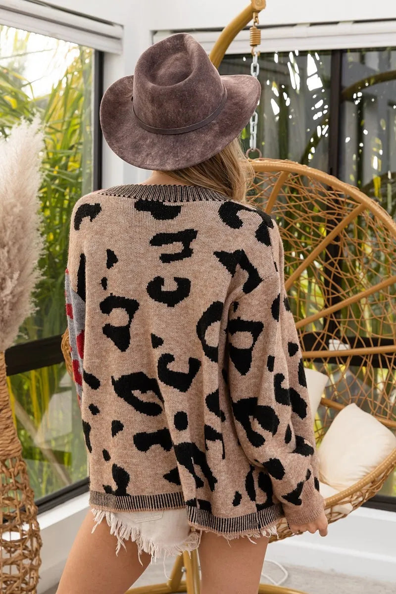 BiBi Leopard Color Block Button Down Sweater Cardigan – Charming