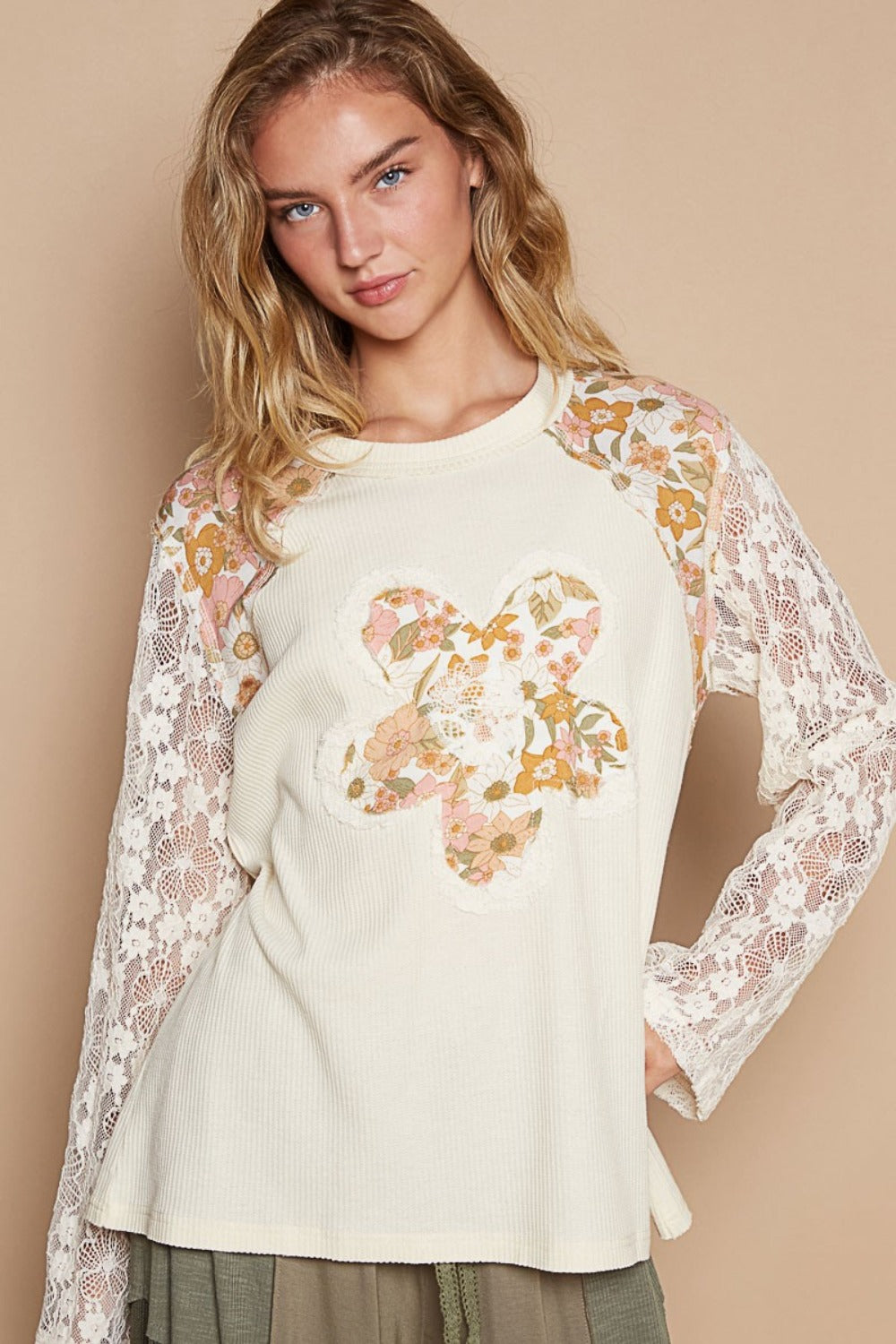 POL Flower Patch Lace Sleeve Knit Top – Charming Charlie