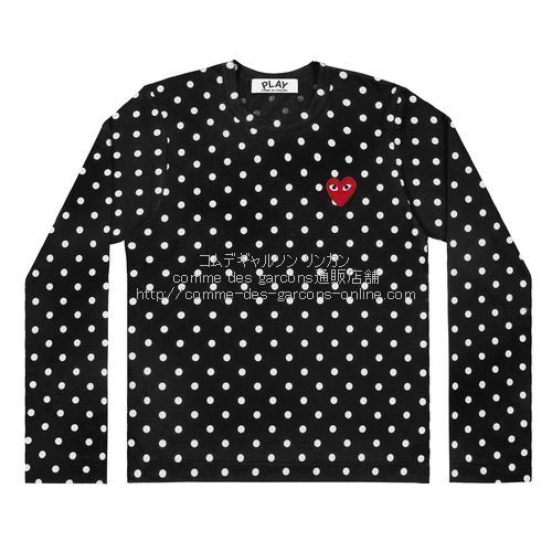 プレイ コムデギャルソン 黒ポルカドット 赤ハート 長袖Tシャツ-ロンT