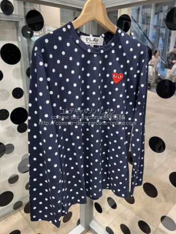 プレイ コムデギャルソン ネイビーポルカドット 赤ハート 長袖Tシャツ