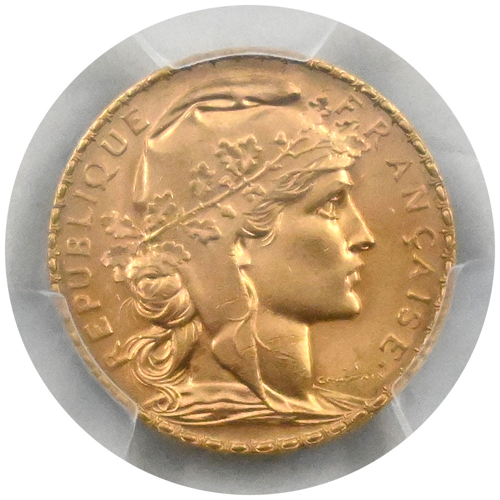 フランス 1908 20フラン 金貨 PCGS MS66 マリアンヌ 40480362