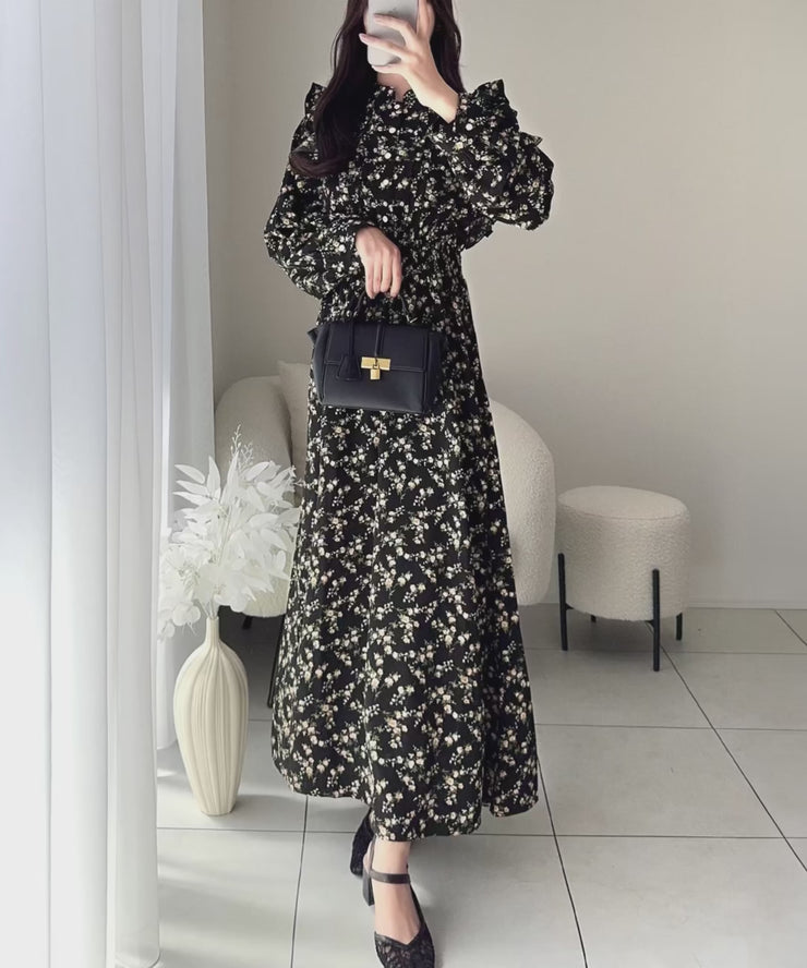 mily bilet】大人フェミニン。レトロ花柄ピンタックフリルワンピース