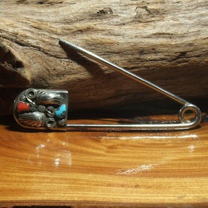 ヴィンテージ シルバー925 ナバホ コーラル ターコイズ 特大セーフティ