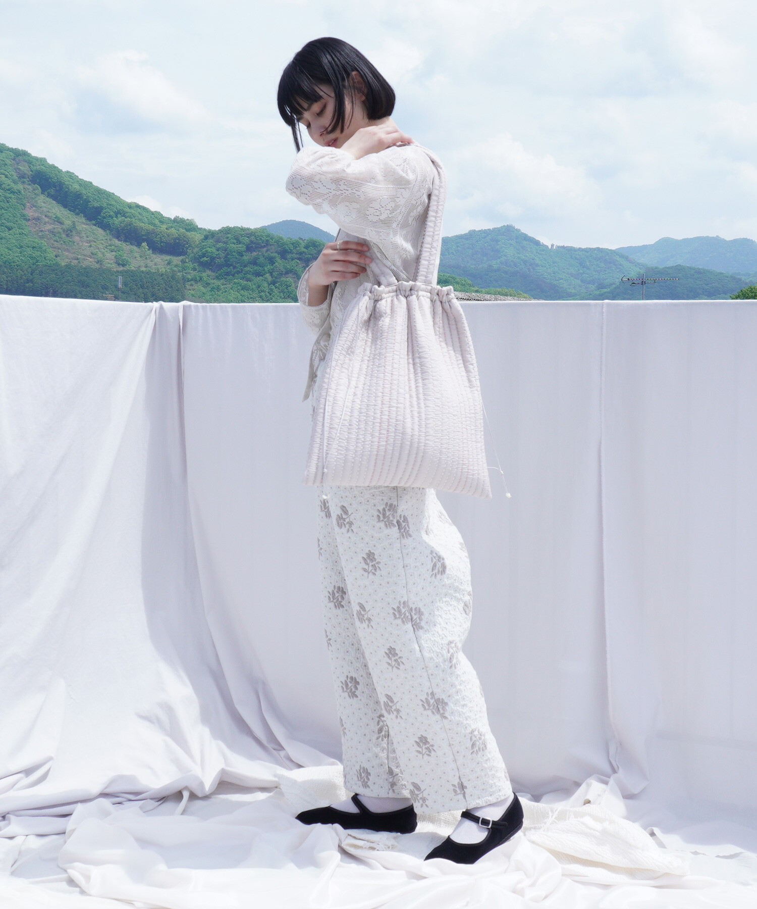 AMBIDEX Store 〇sashiko quilt jacquard 巾着バッグ(F ピンク): Rin