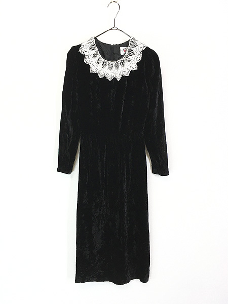 レディース 古着 70s USA製 Lanz レースカラー 光沢 ベロア ワンピース