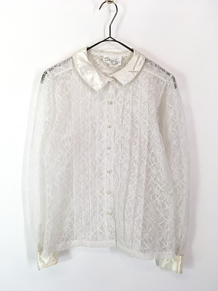 レディース 古着 80s Shapely 襟 サテン 総レース タック シャツ
