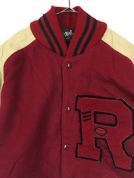 古着 70s Nelson's 「R」 レタード 本革 レザー袖 メルトン ウール