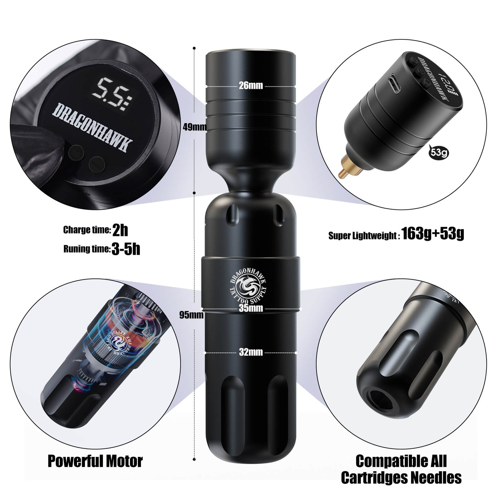 Tattoo Kit | Dragonhawk S8 Wireless Tattoo Machine Starter Bundle