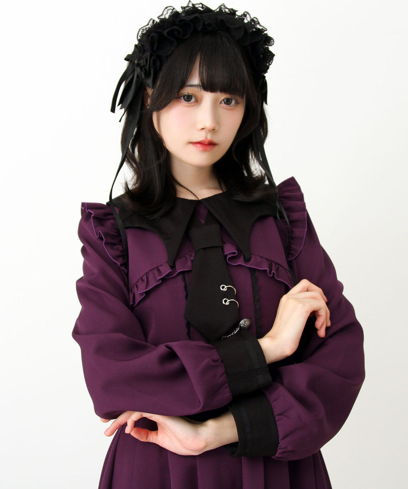 コウモリ襟チェーンボタンフリルプリーツワンピース – レディース