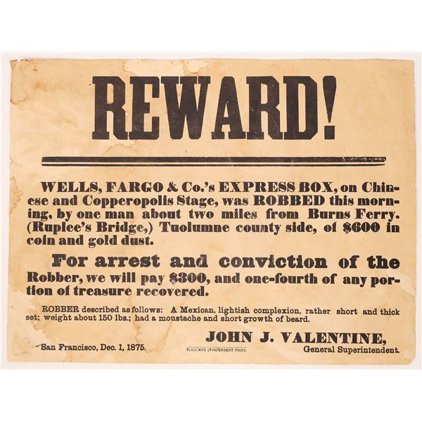 Wells Fargo Reward Poster, Copperopolis Stage, Unknown Bandit
