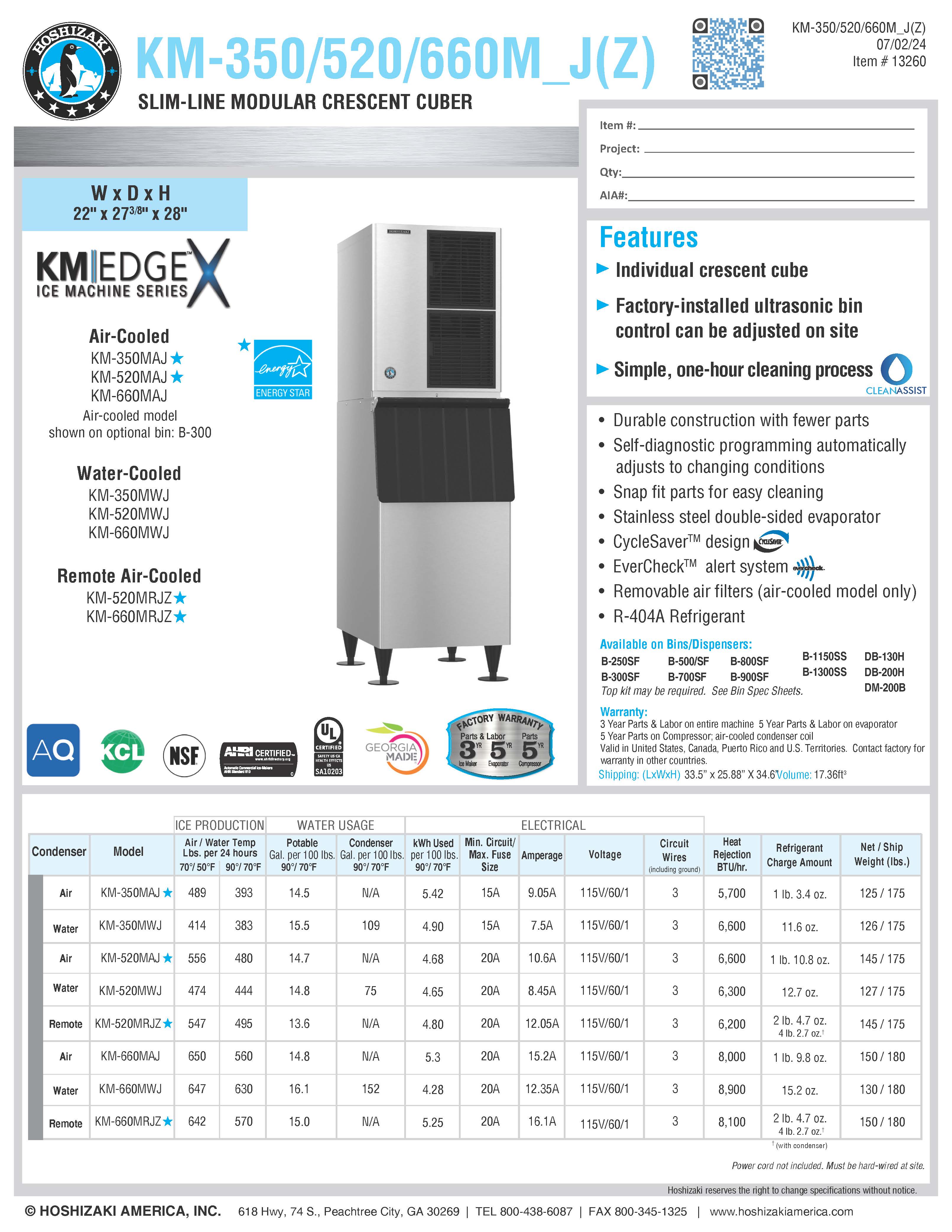 Hoshizaki Ice Maker, Cube Style, 489# R-404A refrigerant - KM