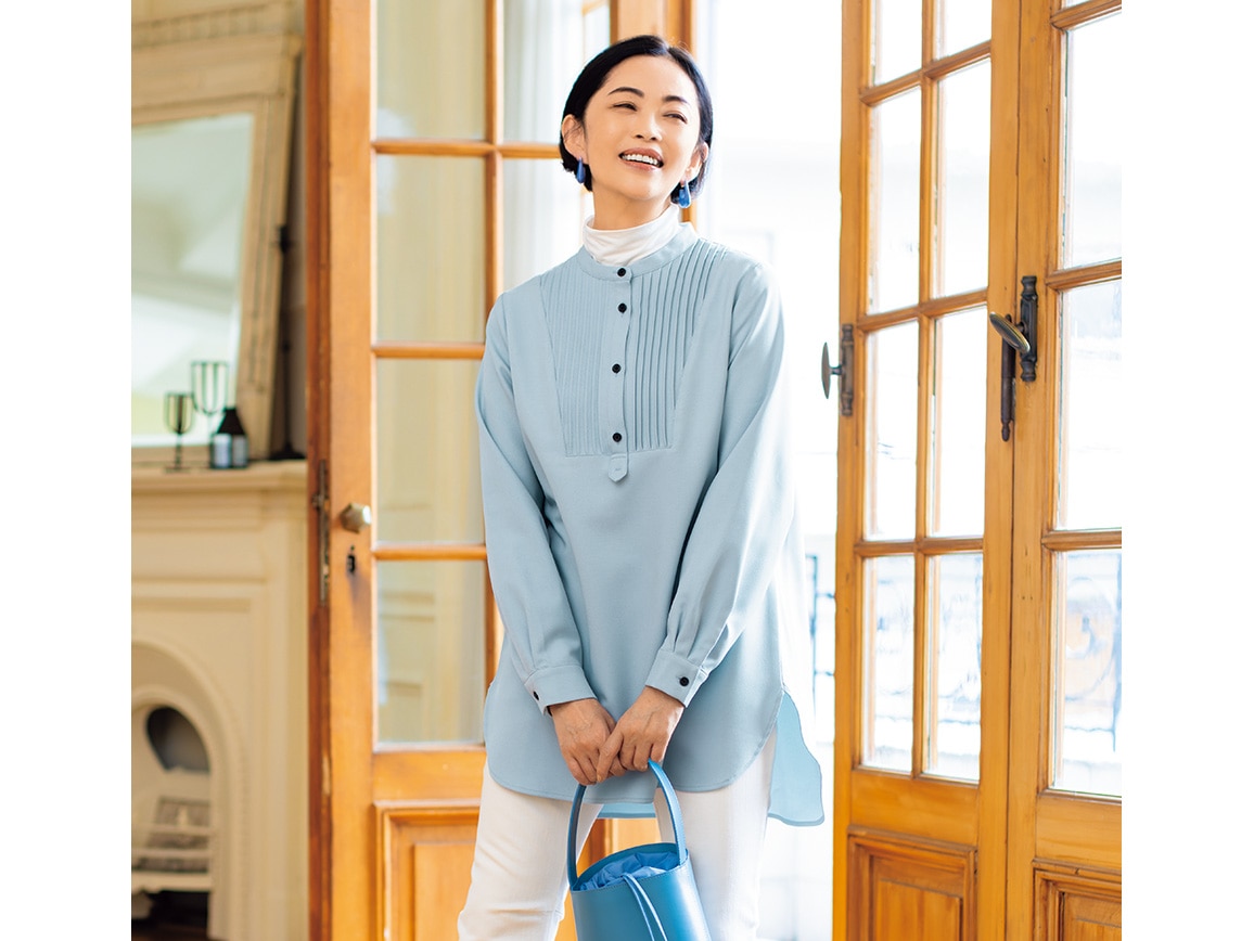 ピンタックデザインバンドカラーチュニック(02_M 19_モーブピンク