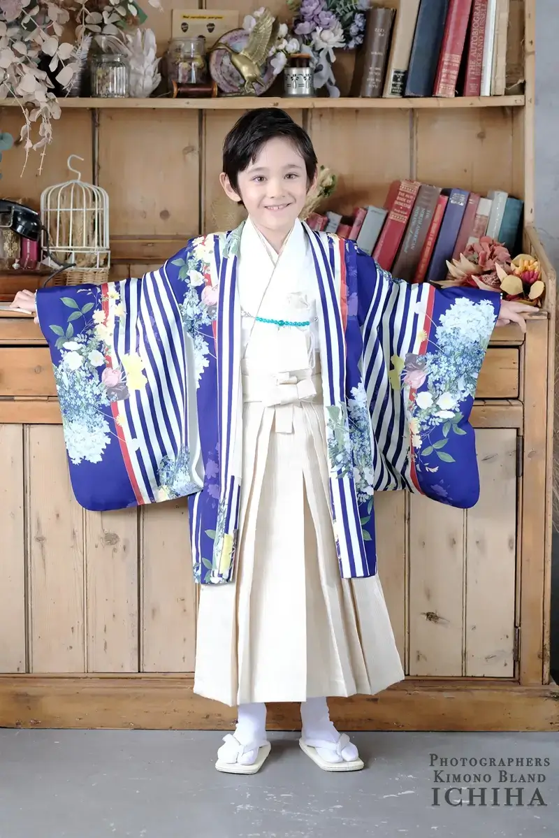 七五三 5歳 男の子 着物｜ストライプ 青花