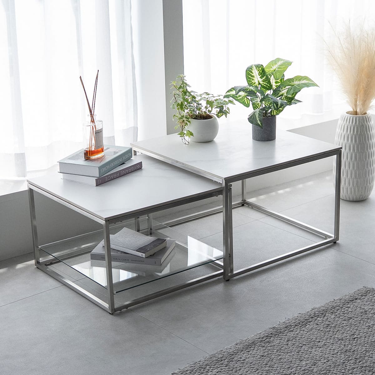 ネストテーブル 幅60cm 正方形 角型 四角 セラミック 石目調 単品 棚