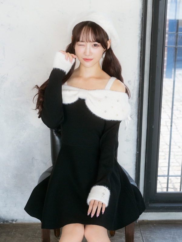 evelyn リボンオフショルミニワンピース ブラック ニット 量産型