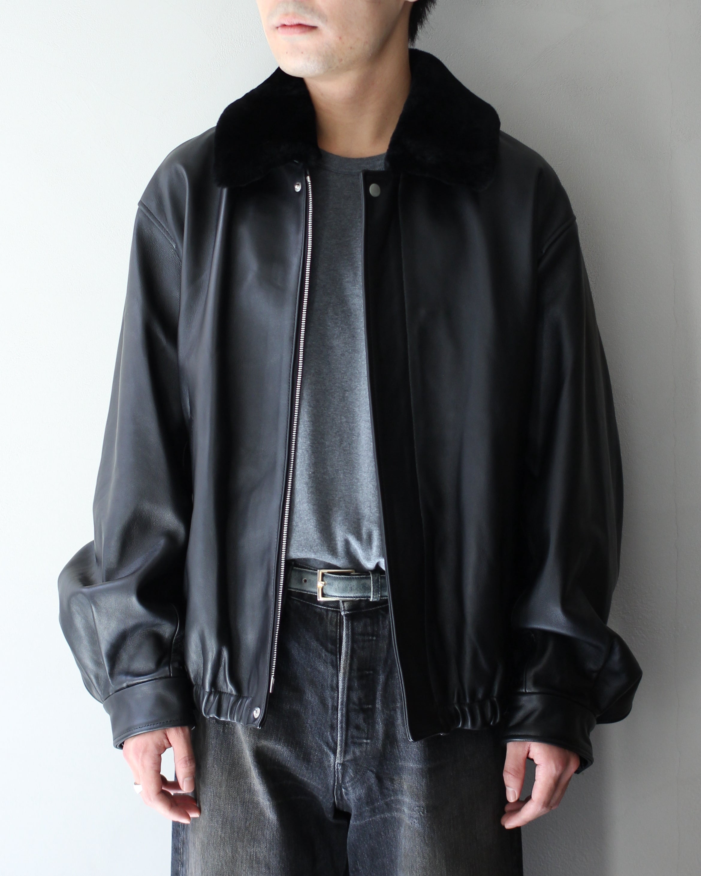 ssstein/MOUTON COLLAR SHEEP LEATHER ZIP JACKET 