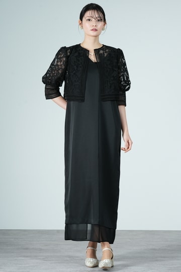 Ameri VINTAGE ボタニカル柄レースボレロレイヤードブラックドレス (M